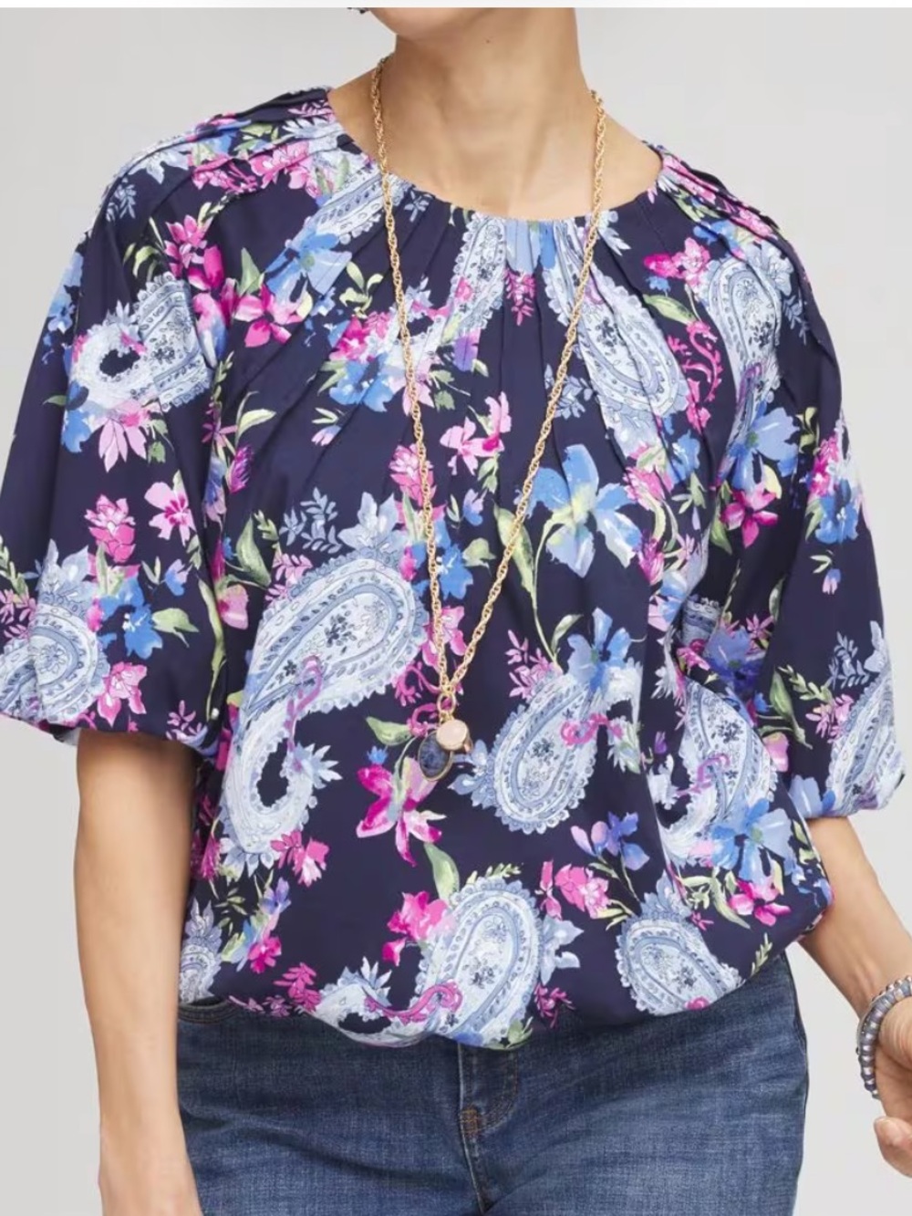 Chico's Navy Floral Paisley Pintuck Bubble Hem Puff-Sleeve Top Small
